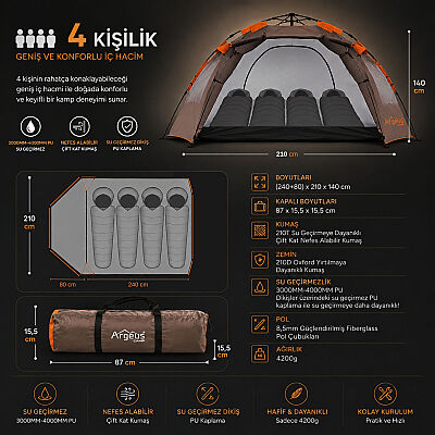 Argeus Iglo 4 Kişilik Otomatik Kurulum Kamp Çadırı - 6