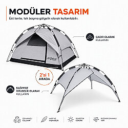Argeus Infinity 3 Kişilik Otomatik Kurulum Kamp Çadırı Gri 200x200x130cm - 2
