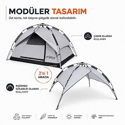 Argeus Infinity 3 Kişilik Otomatik Kurulum Kamp Çadırı Gri 200x200x130cm - 2