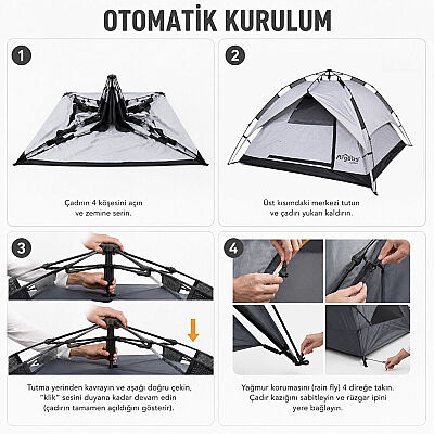 Argeus Infinity 3 Kişilik Otomatik Kurulum Kamp Çadırı Gri 200x200x130cm - 6