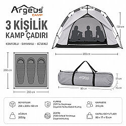 Argeus Infinity 3 Kişilik Otomatik Kurulum Kamp Çadırı Gri 200x200x130cm - 7