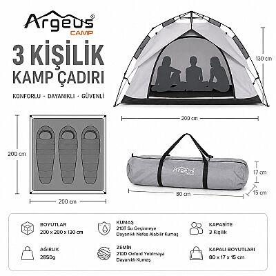 Argeus Infinity 3 Kişilik Otomatik Kurulum Kamp Çadırı Gri 200x200x130cm - 7