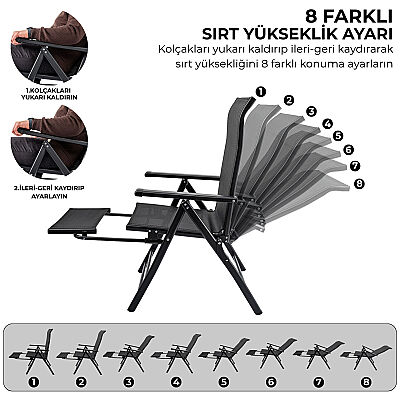 Argeus Recline Sırt Ayarlı Katlanabilir Kamp Sandalyesi 8 Kademeli Ayakl Uzatmalı - 7