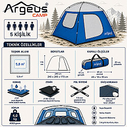 Argeus Skydome 5 Kişilik Gazebo Kamp Gölgeliği Kamp Çadırı 240x240x170cm - 8