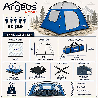 Argeus Skydome 5 Kişilik Gazebo Kamp Gölgeliği Kamp Çadırı 240x240x170cm - 8