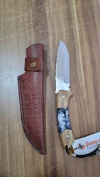 Safir SZ11 Zeytin Saplı Av Kamp Bıçağı Deri Kılıflı Epoksi Desenli - Thumbnail