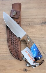Safir Knife - Safir SZ12 Zeytin Saplı Av Kamp Bıçağı Deri Kılıflı Mavi Epoksi Desenli