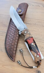 Safir Knife - Safir SZ13 Zeytin Saplı Av Kamp Bıçağı Deri Kılıflı Kırmızı Epoksi Desenli