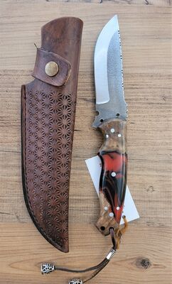 Safir SZ13 Zeytin Saplı Av Kamp Bıçağı Deri Kılıflı Kırmızı Epoksi Desenli - 3