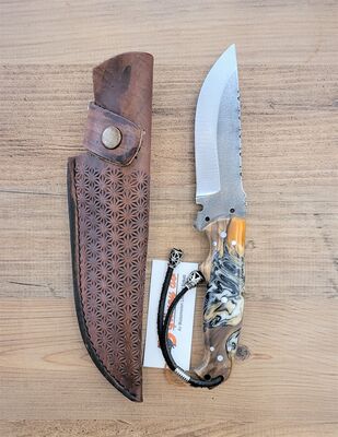 Safir SZ14 Zeytin Saplı Av Kamp Bıçağı Deri Kılıflı Turuncu Epoksi Desenli - 3