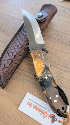 Safir SZ14 Zeytin Saplı Av Kamp Bıçağı Deri Kılıflı Turuncu Epoksi Desenli