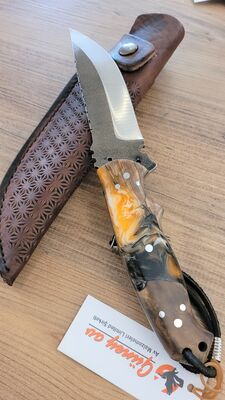 Safir SZ14 Zeytin Saplı Av Kamp Bıçağı Deri Kılıflı Turuncu Epoksi Desenli - 4
