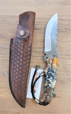 Safir SZ14 Zeytin Saplı Av Kamp Bıçağı Deri Kılıflı Turuncu Epoksi Desenli - 5