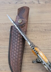 Safir SZ14 Zeytin Saplı Av Kamp Bıçağı Deri Kılıflı Turuncu Epoksi Desenli - 6